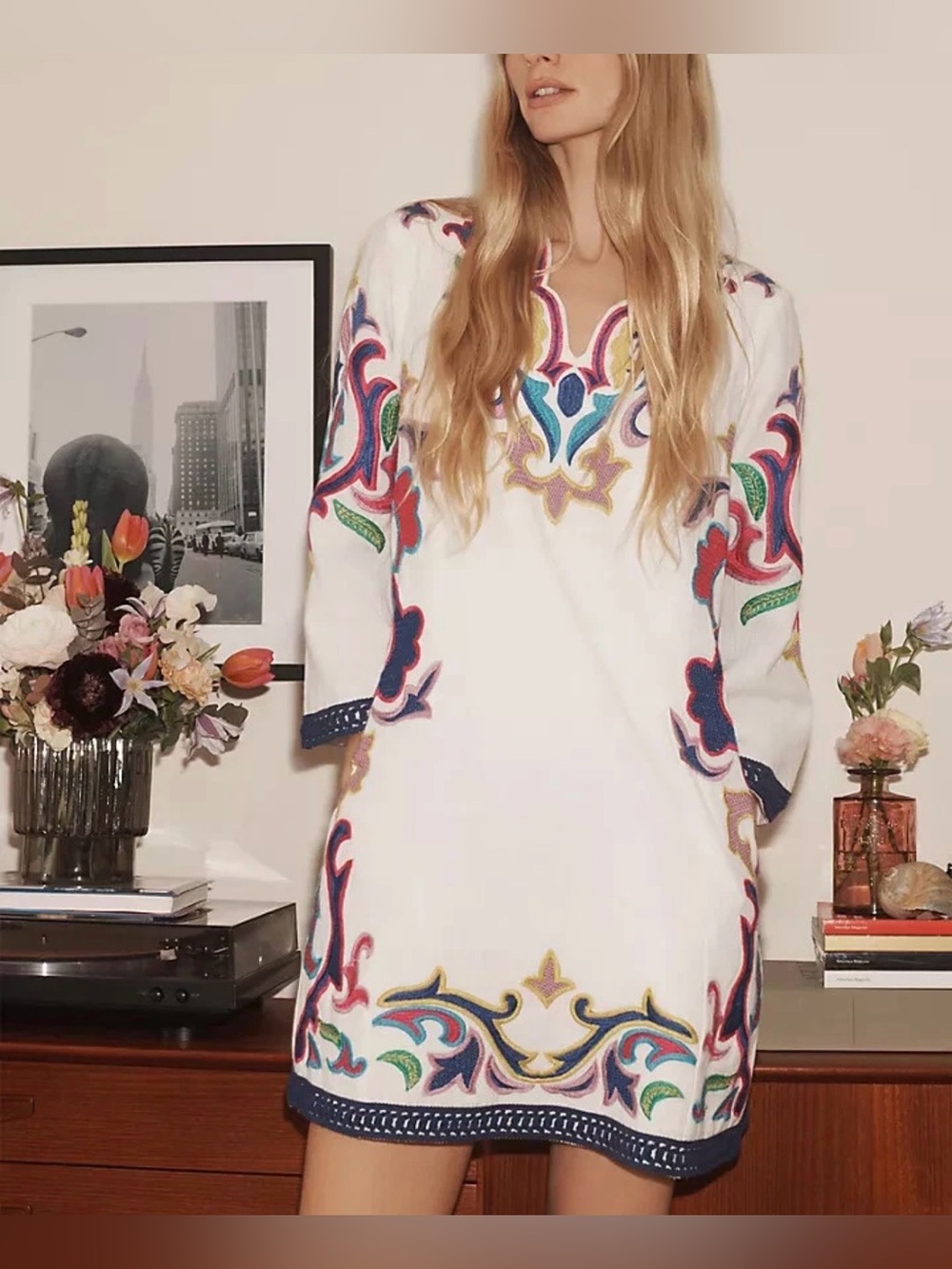 Anthropologie Maeve Olympia Embroidered‎ Tunic Dress S Art Boho